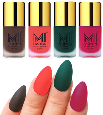 

MI Fashion Premium Quality Dull Velvet Matte Nail Polish Duo Pont Flat Brush Exclusive Combo Coffee,Neon Orange,Dark Green,Pink(Pack of 4)