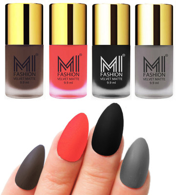 

MI Fashion Premium Quality Dull Velvet Matte Nail Polish Duo Pont Flat Brush Exclusive Combo Coffee,Neon Orange,Black,Grey(Pack of 4)