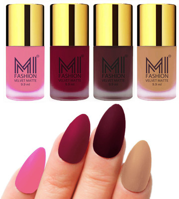 

MI Fashion Premium Quality Dull Velvet Matte Nail Polish Duo Pont Flat Brush Exclusive Combo Baby Pink,Mauve,Red Wine,Nude(Pack of 4)