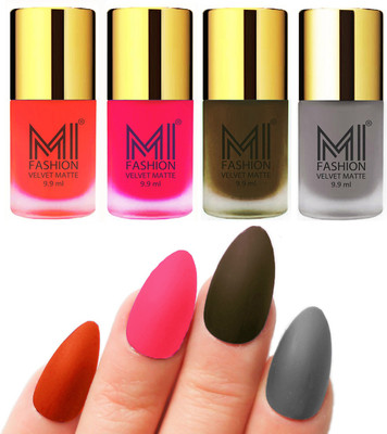 

MI Fashion Premium Quality Dull Velvet Matte Nail Polish Duo Pont Flat Brush Exclusive Combo Orange,Neon Pink,Olive Brown,Grey(Pack of 4)