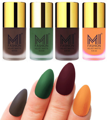 

MI Fashion Premium Quality Dull Velvet Matte Nail Polish Duo Pont Flat Brush Exclusive Combo Coffee,Green,Wine,Saffron Orange(Pack of 4)