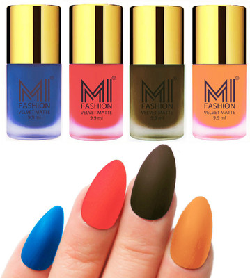 

MI Fashion Premium Quality Dull Velvet Matte Nail Polish Duo Pont Flat Brush Exclusive Combo Navy Blue,Neon Orange,Olive Brown,Saffron Orange(Pack of 4)