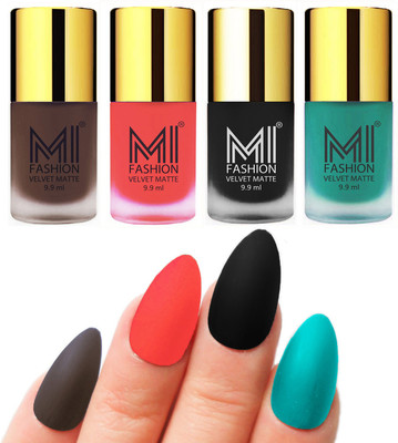 

MI Fashion Premium Quality Dull Velvet Matte Nail Polish Duo Pont Flat Brush Exclusive Combo Coffee,Neon Orange,Black,Sky Blue(Pack of 4)
