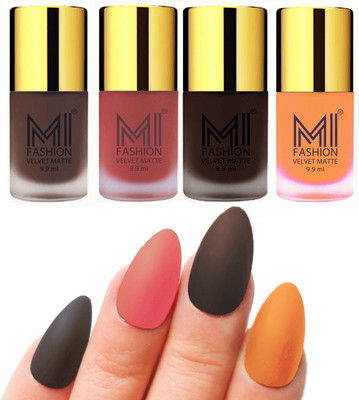 

MI Fashion Premium Quality Dull Velvet Matte Nail Polish Duo Pont Flat Brush Exclusive Combo Coffee,Light Peach,Dark Brown,Saffron Orange(Pack of 4)