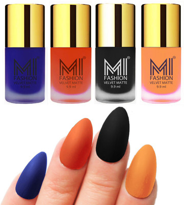 

MI Fashion Premium Quality Dull Velvet Matte Nail Polish Duo Pont Flat Brush Exclusive Combo Royal Blue,Orange,Black,Saffron Orange(Pack of 4)
