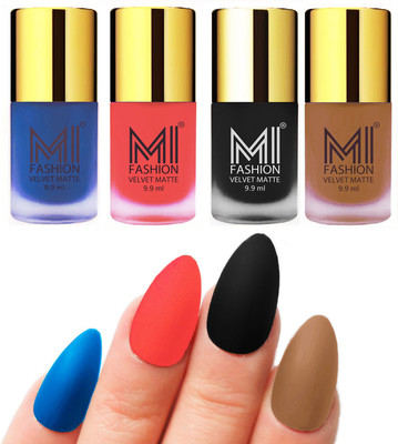 

MI Fashion Premium Quality Dull Velvet Matte Nail Polish Duo Pont Flat Brush Exclusive Combo Navy Blue,Neon Orange,Black,Dark Nude(Pack of 4)