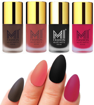 

MI Fashion Premium Quality Dull Velvet Matte Nail Polish Duo Pont Flat Brush Exclusive Combo Coffee,Light Peach,Black,Pink(Pack of 4)