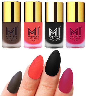 MI Fashion Premium Quality Dull Velvet Matte Nail Polish Duo Pont Flat Brush Exclusive Combo Coffee,Neon Orange,Black,Pink(Pack of 4)