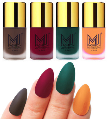 

MI Fashion Premium Quality Dull Velvet Matte Nail Polish Duo Pont Flat Brush Exclusive Combo Coffee,Mauve,Dark Green,Saffron Orange(Pack of 4)