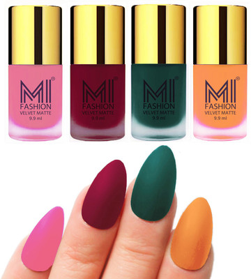 

MI Fashion Premium Quality Dull Velvet Matte Nail Polish Duo Pont Flat Brush Exclusive Combo Baby Pink,Mauve,Dark Green,Saffron Orange(Pack of 4)