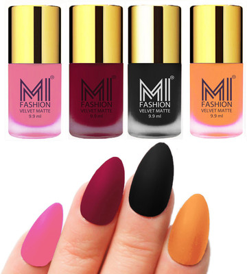 

MI Fashion Premium Quality Dull Velvet Matte Nail Polish Duo Pont Flat Brush Exclusive Combo Baby Pink,Mauve,Black,Saffron Orange(Pack of 4)
