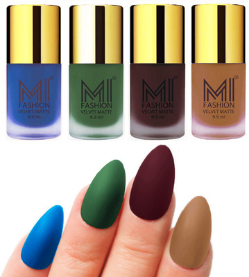 

MI Fashion Premium Quality Dull Velvet Matte Nail Polish Duo Pont Flat Brush Exclusive Combo Navy Blue,Green,Wine,Dark Nude(Pack of 4)