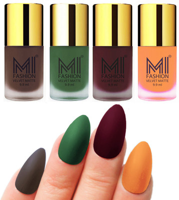 

MI Fashion Premium Quality Dull Velvet Matte Nail Polish Duo Pont Flat Brush Exclusive Combo Coffee,Green,Red Wine,Saffron Orange(Pack of 4)