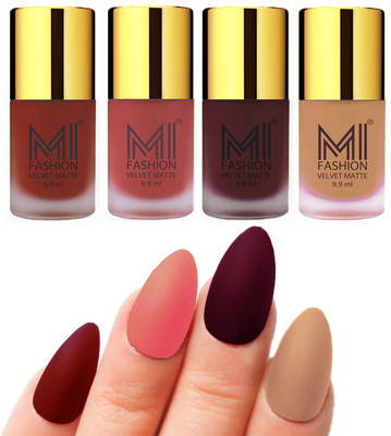 

MI Fashion Premium Quality Dull Velvet Matte Nail Polish Duo Pont Flat Brush Exclusive Combo Red,Light Peach,Red Wine,Nude(Pack of 4)