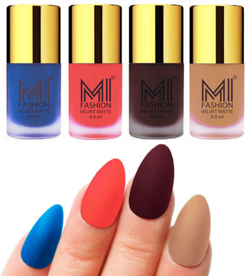 

MI Fashion Premium Quality Dull Velvet Matte Nail Polish Duo Pont Flat Brush Exclusive Combo Navy Blue,Neon Orange,Wine,Nude(Pack of 4)