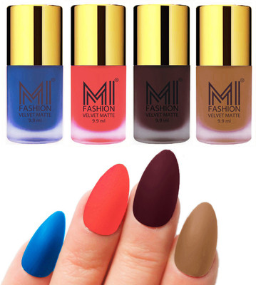 

MI Fashion Premium Quality Dull Velvet Matte Nail Polish Duo Pont Flat Brush Exclusive Combo Navy Blue,Neon Orange,Wine,Dark Nude(Pack of 4)