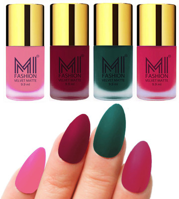 

MI Fashion Premium Quality Dull Velvet Matte Nail Polish Duo Pont Flat Brush Exclusive Combo Baby Pink,Mauve,Dark Green,Pink(Pack of 4)