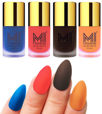 

MI Fashion Premium Quality Dull Velvet Matte Nail Polish Duo Pont Flat Brush Exclusive Combo Navy Blue,Neon Orange,Dark Brown,Saffron Orange(Pack of 4)