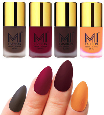 

MI Fashion Premium Quality Dull Velvet Matte Nail Polish Duo Pont Flat Brush Exclusive Combo Coffee,Mauve,Wine,Saffron Orange(Pack of 4)