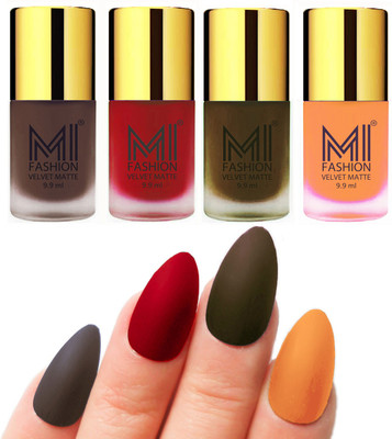 

MI Fashion Premium Quality Dull Velvet Matte Nail Polish Duo Pont Flat Brush Exclusive Combo Coffee,Tomato Red,Olive Brown,Saffron Orange(Pack of 4)
