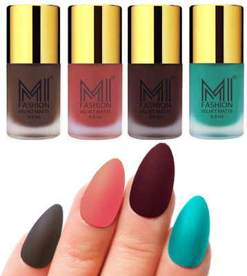 

MI Fashion Premium Quality Dull Velvet Matte Nail Polish Duo Pont Flat Brush Exclusive Combo Coffee,Light Peach,Wine,Sky Blue(Pack of 4)