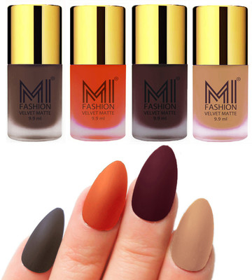

MI Fashion Premium Quality Dull Velvet Matte Nail Polish Duo Pont Flat Brush Exclusive Combo Coffee,Orange,Wine,Nude(Pack of 4)