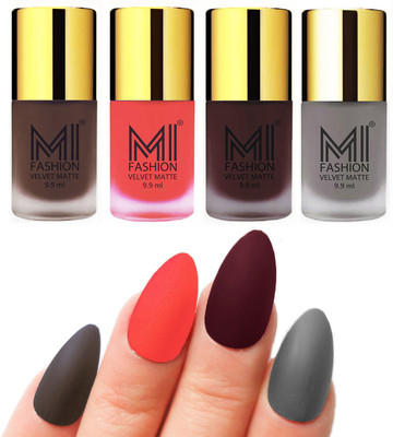 

MI Fashion Premium Quality Dull Velvet Matte Nail Polish Duo Pont Flat Brush Exclusive Combo Coffee,Neon Orange,Wine,Grey(Pack of 4)