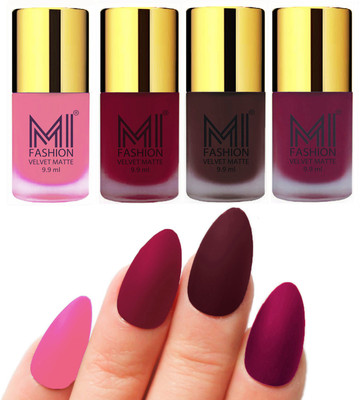 

MI Fashion Premium Quality Dull Velvet Matte Nail Polish Duo Pont Flat Brush Exclusive Combo Baby Pink,Mauve,Wine,Magenta(Pack of 4)