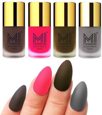 

MI Fashion Premium Quality Dull Velvet Matte Nail Polish Duo Pont Flat Brush Exclusive Combo Coffee,Neon Pink,Olive Brown,Grey(Pack of 4)