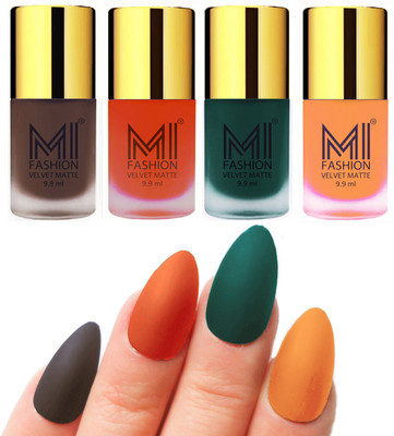 

MI Fashion Premium Quality Dull Velvet Matte Nail Polish Duo Pont Flat Brush Exclusive Combo Coffee,Orange,Dark Green,Saffron Orange(Pack of 4)