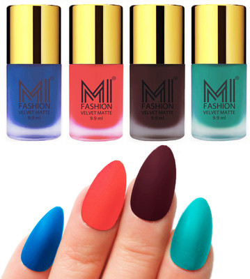 

MI Fashion Premium Quality Dull Velvet Matte Nail Polish Duo Pont Flat Brush Exclusive Combo Navy Blue,Neon Orange,Wine,Sky Blue(Pack of 4)