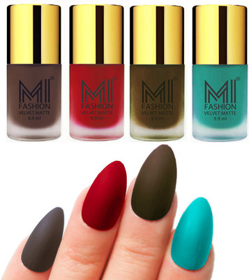 

MI Fashion Premium Quality Dull Velvet Matte Nail Polish Duo Pont Flat Brush Exclusive Combo Coffee,Tomato Red,Olive Brown,Sky Blue(Pack of 4)