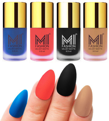 

MI Fashion Premium Quality Dull Velvet Matte Nail Polish Duo Pont Flat Brush Exclusive Combo Navy Blue,Neon Orange,Black,Nude(Pack of 4)