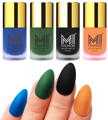 

MI Fashion Premium Quality Dull Velvet Matte Nail Polish Duo Pont Flat Brush Exclusive Combo Navy Blue,Green,Black,Saffron Orange(Pack of 4)