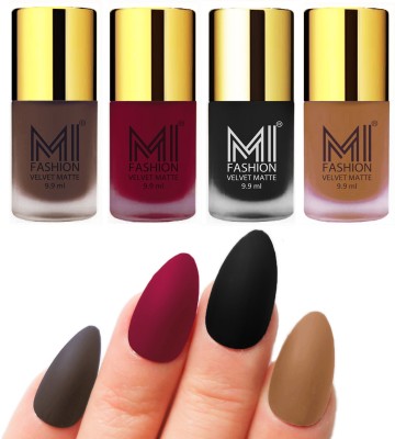 

MI Fashion Premium Quality Dull Velvet Matte Nail Polish Duo Pont Flat Brush Exclusive Combo Coffee,Mauve,Black,Dark Nude(Pack of 4)