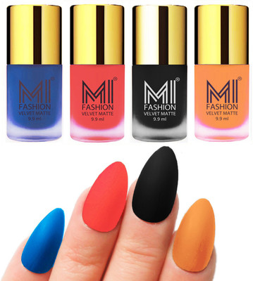 

MI Fashion Premium Quality Dull Velvet Matte Nail Polish Duo Pont Flat Brush Exclusive Combo Navy Blue,Neon Orange,Black,Saffron Orange(Pack of 4)
