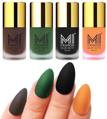 

MI Fashion Premium Quality Dull Velvet Matte Nail Polish Duo Pont Flat Brush Exclusive Combo Coffee,Green,Black,Saffron Orange(Pack of 4)
