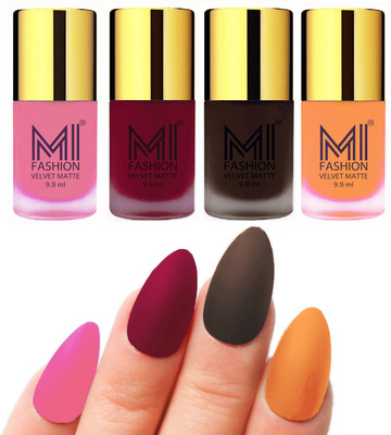 

MI Fashion Premium Quality Dull Velvet Matte Nail Polish Duo Pont Flat Brush Exclusive Combo Baby Pink,Mauve,Dark Brown,Saffron Orange(Pack of 4)