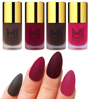 

MI Fashion Premium Quality Dull Velvet Matte Nail Polish Duo Pont Flat Brush Exclusive Combo Coffee,Mauve,Wine,Pink(Pack of 4)
