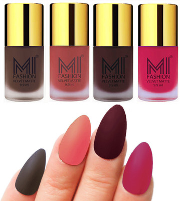 

MI Fashion Premium Quality Dull Velvet Matte Nail Polish Duo Pont Flat Brush Exclusive Combo Coffee,Light Peach,Wine,Pink(Pack of 4)