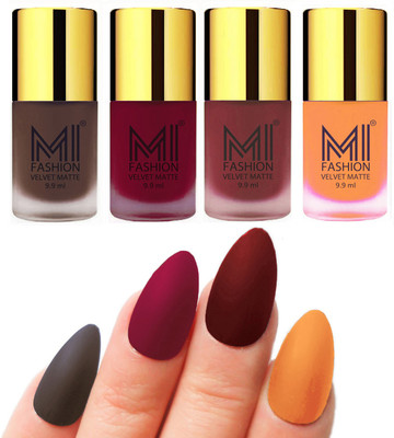 

MI Fashion Premium Quality Dull Velvet Matte Nail Polish Duo Pont Flat Brush Exclusive Combo Coffee,Mauve,Maroon,Saffron Orange(Pack of 4)