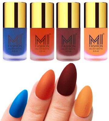 

MI Fashion Premium Quality Dull Velvet Matte Nail Polish Duo Pont Flat Brush Exclusive Combo Navy Blue,Orange,Maroon,Saffron Orange(Pack of 4)