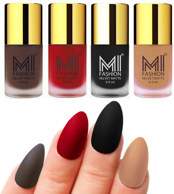 

MI Fashion Premium Quality Dull Velvet Matte Nail Polish Duo Pont Flat Brush Exclusive Combo Coffee,Tomato Red,Black,Nude(Pack of 4)