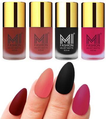 

MI Fashion Premium Quality Dull Velvet Matte Nail Polish Duo Pont Flat Brush Exclusive Combo Red,Light Peach,Black,Pink(Pack of 4)