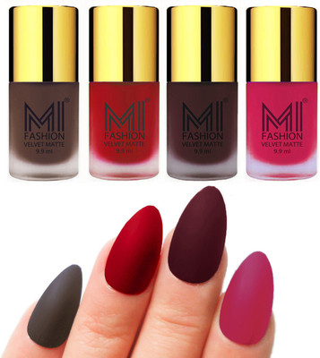 

MI Fashion Premium Quality Dull Velvet Matte Nail Polish Duo Pont Flat Brush Exclusive Combo Coffee,Tomato Red,Wine,Pink(Pack of 4)