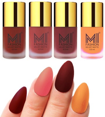 

MI Fashion Premium Quality Dull Velvet Matte Nail Polish Duo Pont Flat Brush Exclusive Combo Red,Light Peach,Maroon,Saffron Orange(Pack of 4)