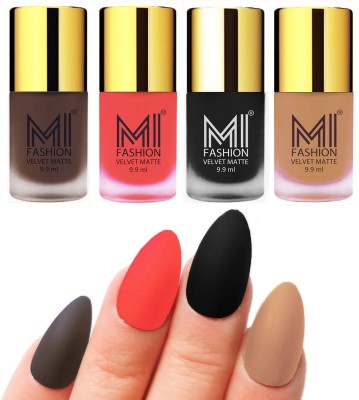 

MI Fashion Premium Quality Dull Velvet Matte Nail Polish Duo Pont Flat Brush Exclusive Combo Coffee,Neon Orange,Black,Nude(Pack of 4)