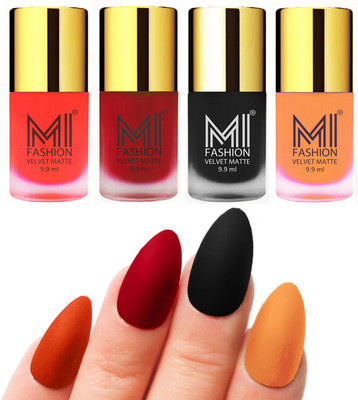 

MI Fashion Premium Quality Dull Velvet Matte Nail Polish Duo Pont Flat Brush Exclusive Combo Orange,Tomato Red,Black,Saffron Orange(Pack of 4)