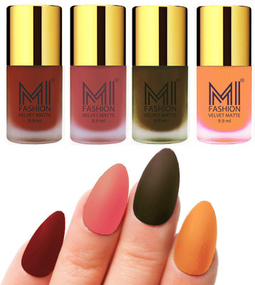 

MI Fashion Premium Quality Dull Velvet Matte Nail Polish Duo Pont Flat Brush Exclusive Combo Cherry Red,Light Peach,Olive Brown,Saffron Orange(Pack of 4)