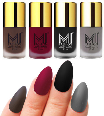 

MI Fashion Premium Quality Dull Velvet Matte Nail Polish Duo Pont Flat Brush Exclusive Combo Coffee,Mauve,Black,Grey(Pack of 4)
